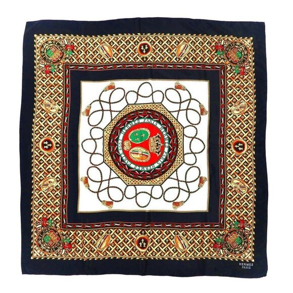 HERMES Silk Scarf Carre 90 Crowns Fleur De Lis Gold Black  Vintage - Picture 1 of 5
